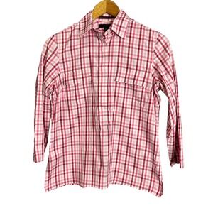 Lands' End Womens No Iron Pinpoint Oxford Shirt Pink Plaid 8P Petite Button Down